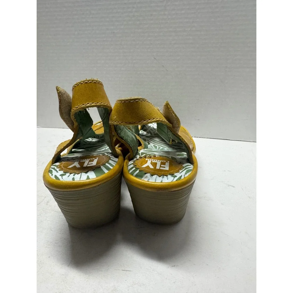 Fly London Yuma Mustard Yellow Leather Wedge Slingback Sandals EU 38 7.5